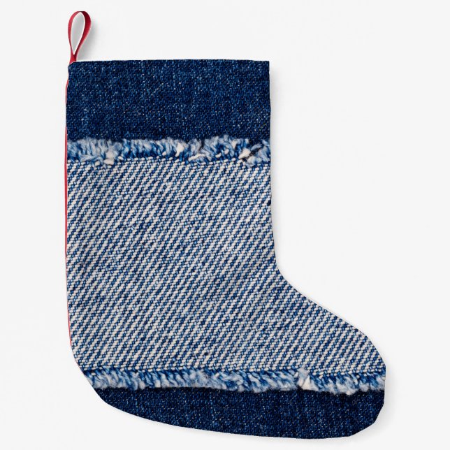 Fringed denim blue jeans frame. small christmas stocking (Front)