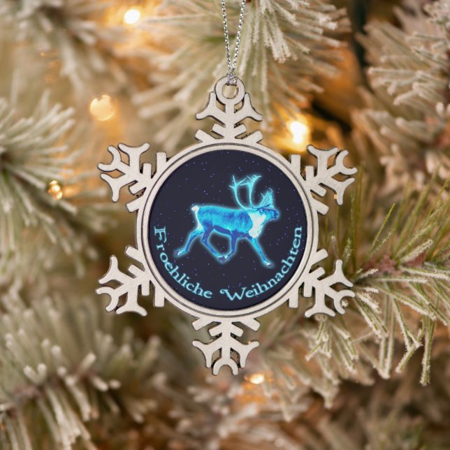Froehliche Weihnachten - Blue Caribou (Reindeer) Snowflake Pewter Christmas Ornament (Tree)