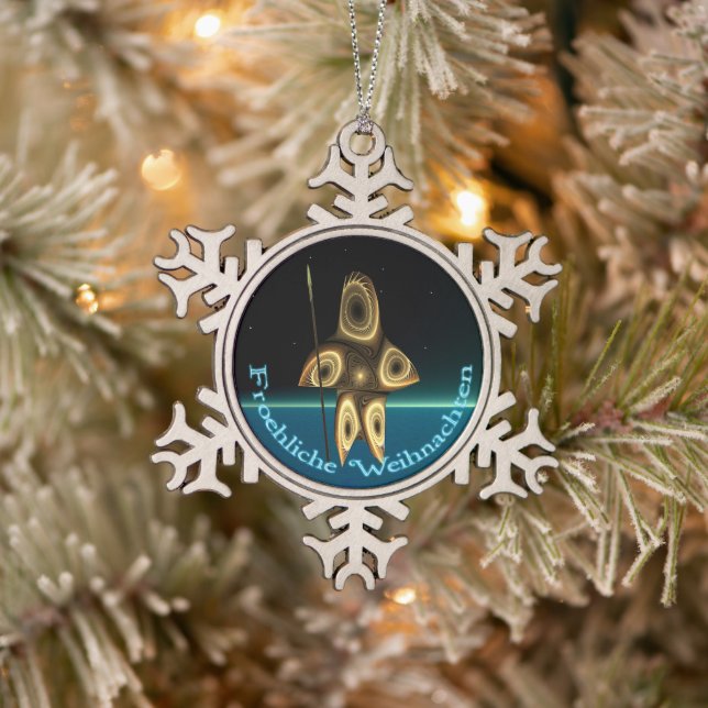 Froehliche Weihnachten - Fractal Inuit Hunter Snowflake Pewter Christmas Ornament (Tree)