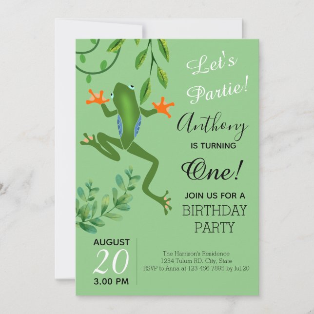 Frog 1er anniversaire fête tourner une invitation (Devant)