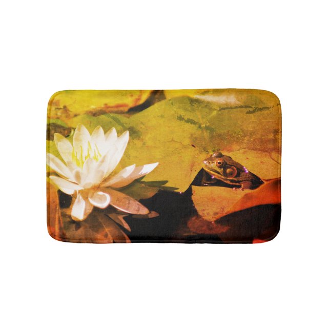 Frog Admiring Water Lily Abstract Distressed Bath Mat (Front)