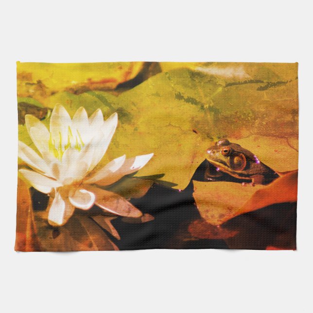 Frog Admiring Water Lily Abstract Distressed Kitchen Towel (Horizontal)