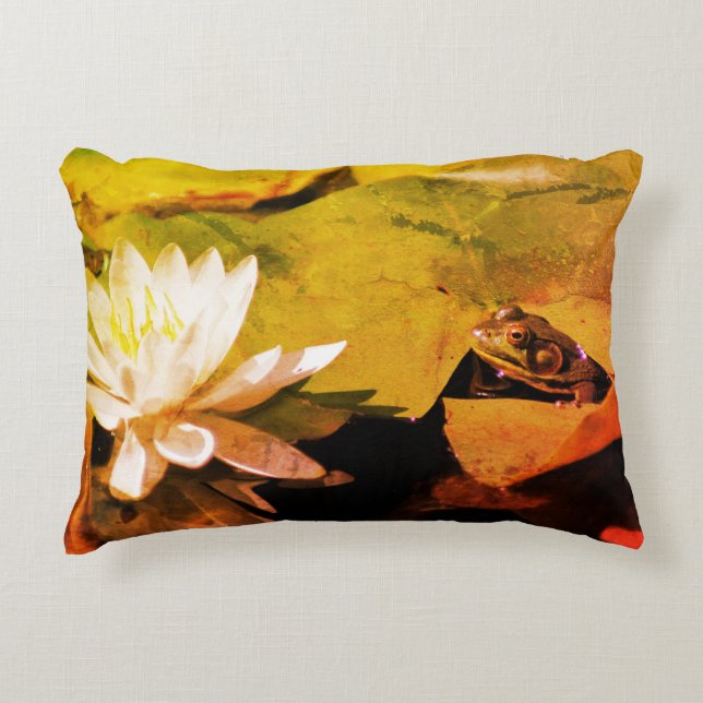 Frog Admiring Water Lily Abstract Grunge Accent Pillow (Front)
