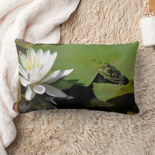 Frog Admiring Water Lily Lotus Flower Lumbar Pillow (Blanket)