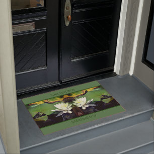 Frog Admiring Water Lily Lotus Flower Personalized Doormat