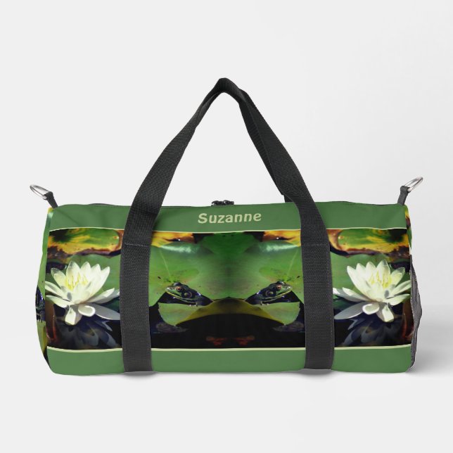 Frog Admiring Water Lily Personalized Duffle Bag (Front)