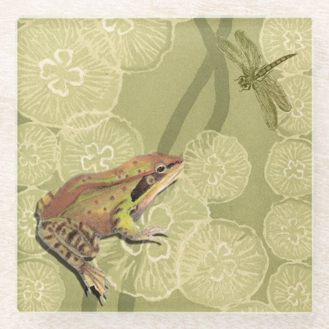 Frog and Dragonfly on Water Lilies Glass Coaster (Front)