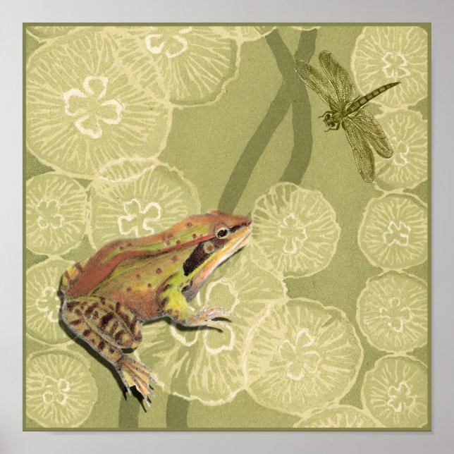Frog and Dragonfly on Water Lilies Poster (Front)