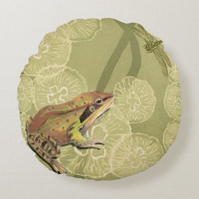 Frog and Dragonfly on Water Lilies Round Pillow (Front)
