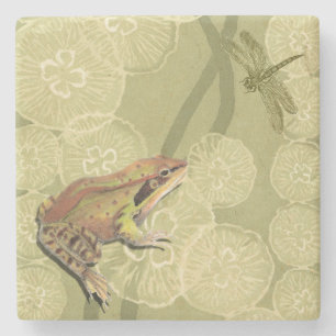 Frog and Dragonfly on Water Lilies Stone Coaster