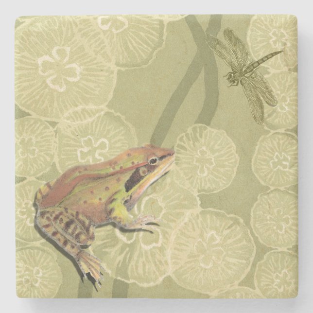 Frog and Dragonfly on Water Lilies Stone Coaster (Front)