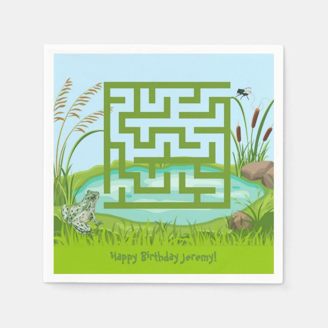 Frog and Fly Maze Birthday Paper Napkins (Front)