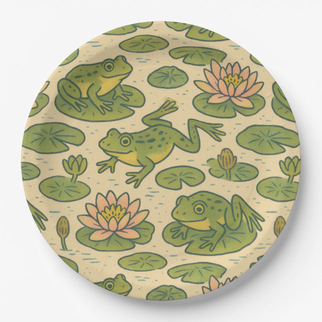Frog and Lili pads Waterlilies Frogs               Paper Plate (Front)