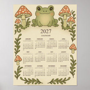 Frog and Red Mushrooms 2027 Cottagecore Calendar Poster