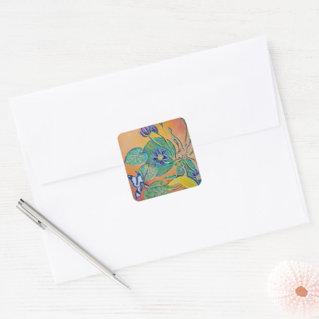 frog and water lilies square sticker (Envelope)