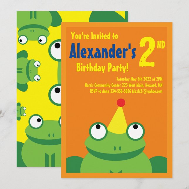 Frog Animal Kid's Birthday Party Invitations (Front/Back)