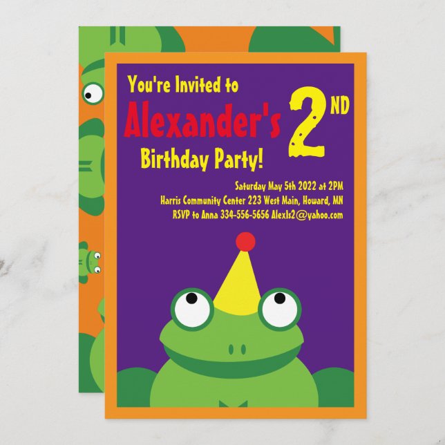 Frog Animal Kid's Birthday Party Invitations (Front/Back)