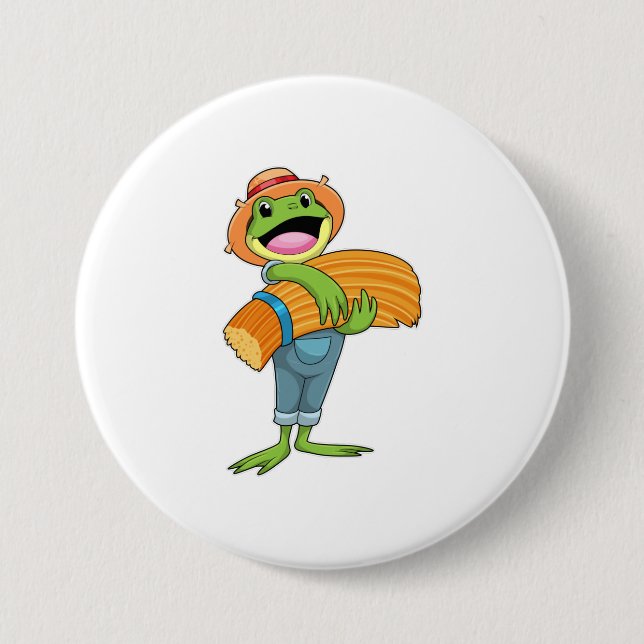 Frog as Farmer with Straw 3 Inch Round Button (Front)