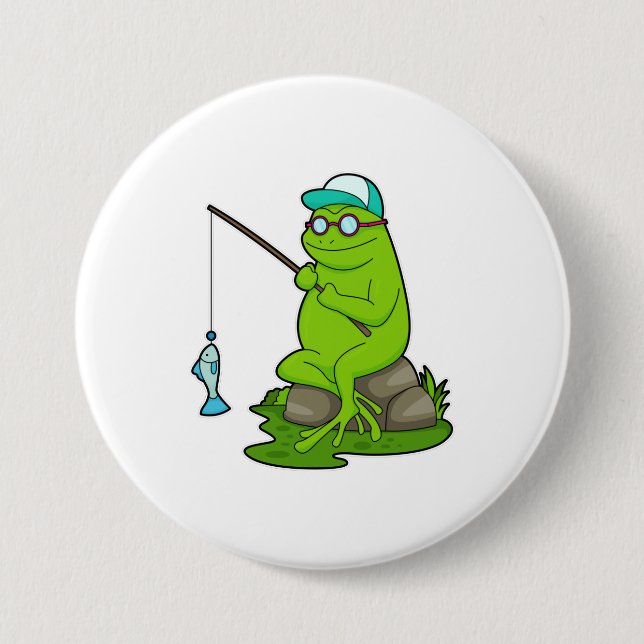 Frog as Fisher with Fishing rod & Fish 3 Inch Round Button (Front)