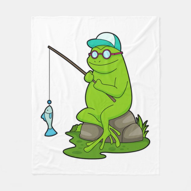 Frog as Fisher with Fishing rod & Fish Fleece Blanket (Front)