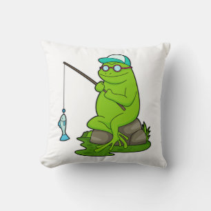 Frog as Fisher with Fishing rod & Fish Throw Pillow