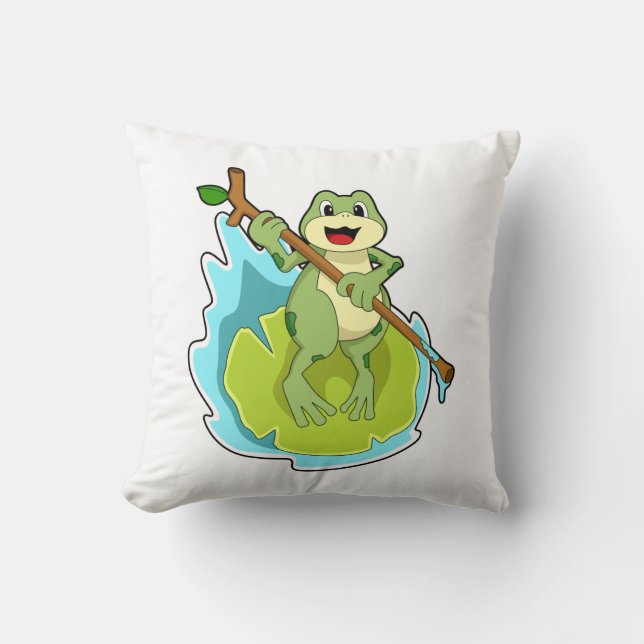 Frog as Hiker with Stick Throw Pillow (Front)