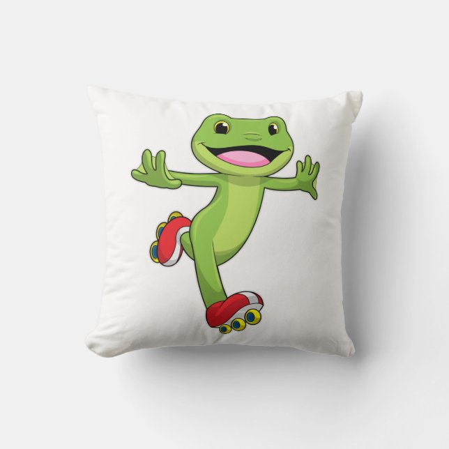 Frog as Inline skater with Roller skates Throw Pillow (Front)