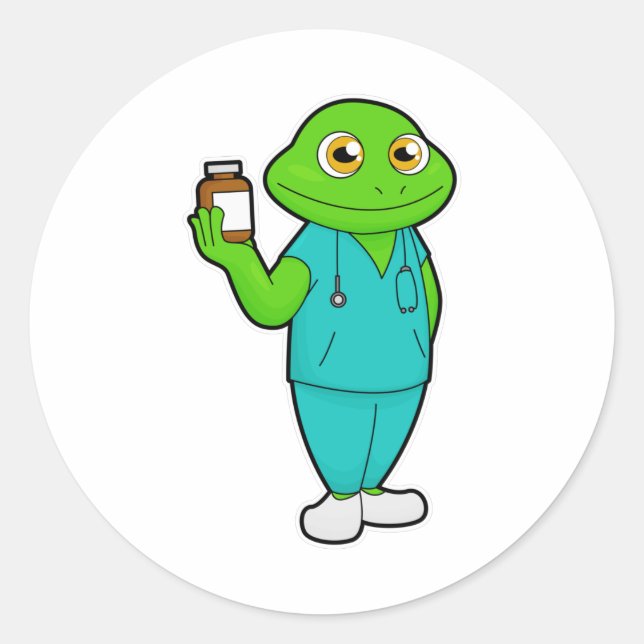 Frog as Nurse with Medicine & Stethoscope Classic Round Sticker (Front)