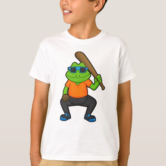 Frog at Baseball with Baseball bat & Sunglasses T-Shirt (Front)