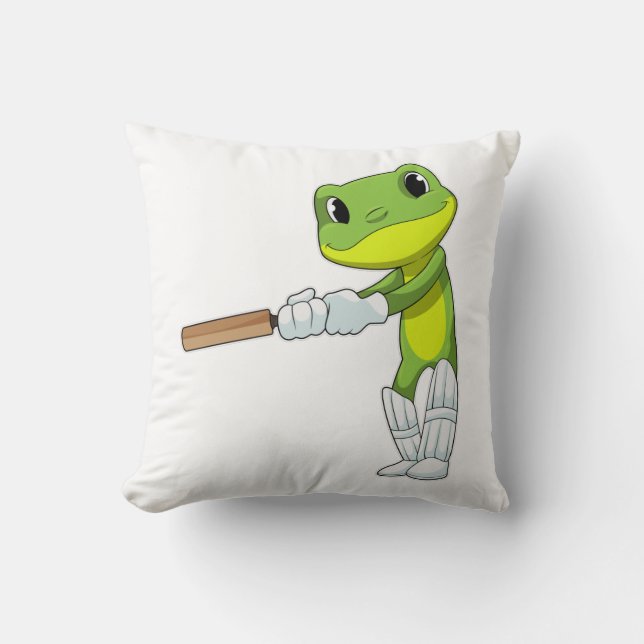 Frog at Cricket with Cricket bat Throw Pillow (Front)