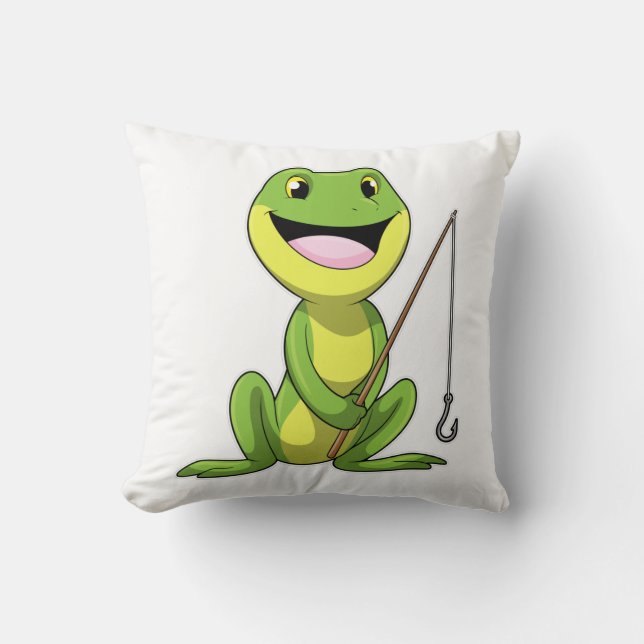 Frog at Fishing with Fishing rod Throw Pillow (Front)