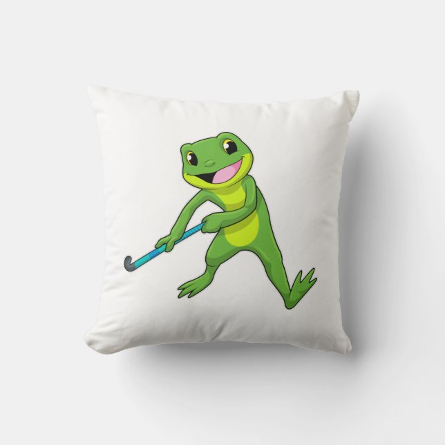 Frog at Hockey with Hockey bat Throw Pillow (Front)