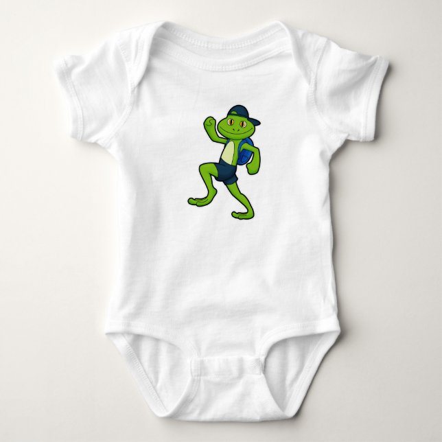 Frog at Running with Backpack & Hat Baby Bodysuit (Front)