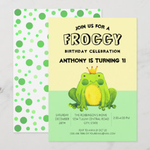 Frog baby 1st birthday green confetti personalized invitation