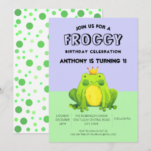 Frog baby 1st birthday green confetti personalized invitation