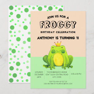 Frog baby 1st birthday green confetti personalized invitation