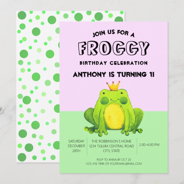 Frog baby 1st birthday green confetti personalized invitation (Front/Back)