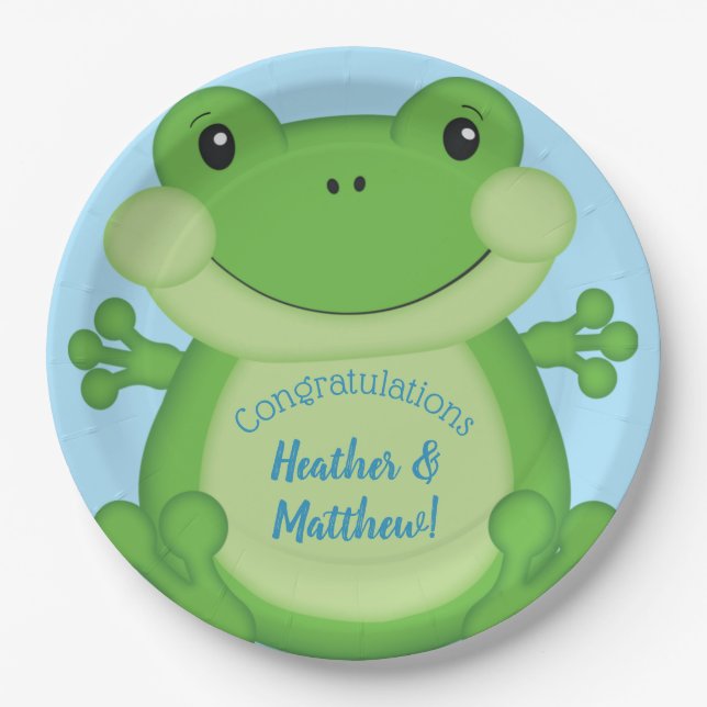 Frog Baby Shower Blue Paper Plate (Front)