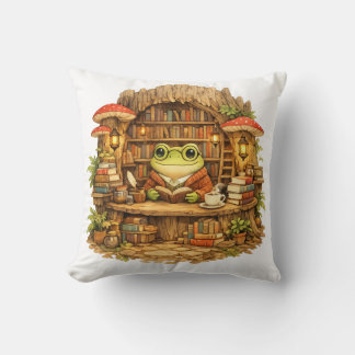 Frog Bookstore Shirt | Cottagecore Frog Reading Throw Pillow