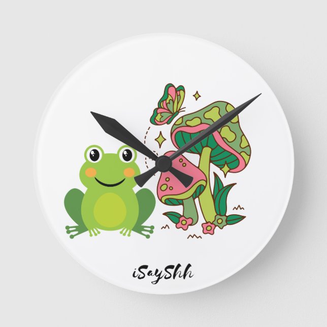 frog, butterfly and mushrooms round clock (Front)