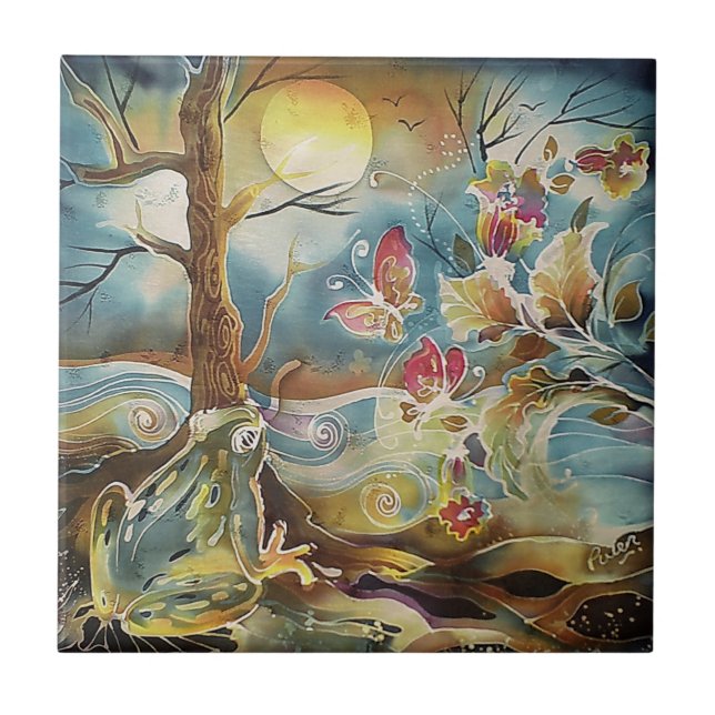 Frog By the Water Silk Painting Tile (Front)