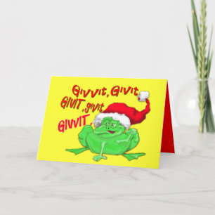 Frog cartoon with frog santa hat givit givit givit holiday card