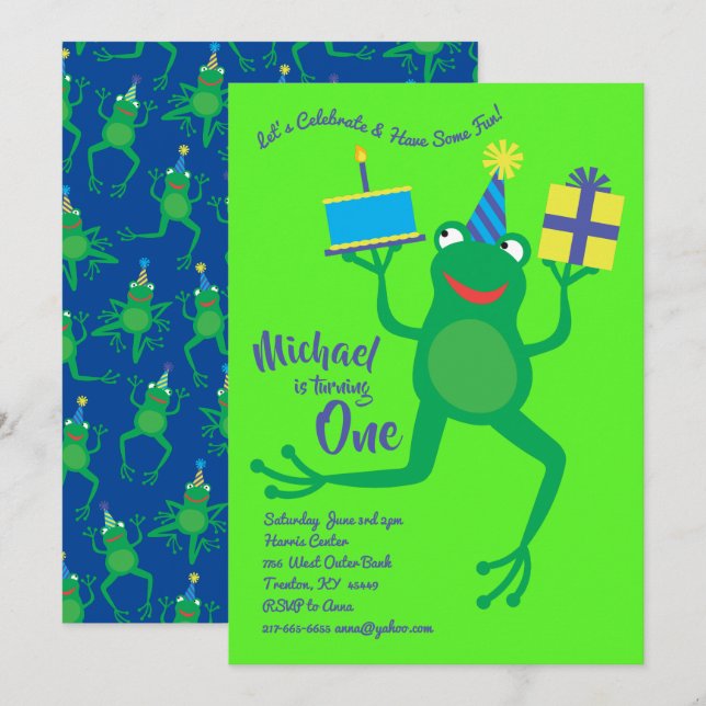 Frog Colourful 1st Birthday Cute Invitations (Front/Back)