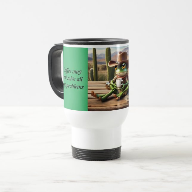 Frog Cowboy with Funny Coffee Thought Thermal Mug (Front Left)