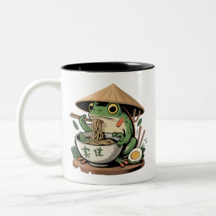 Frog Eating Ramen Kawaii Neko Japanese Noodles  Two-Tone Coffee Mug