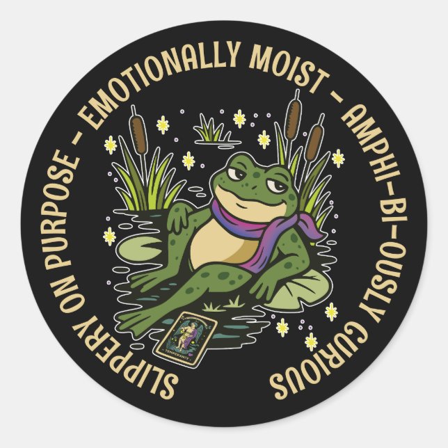 Frog Familiar: Slippery, Moist & Amphi-bi-ous Classic Round Sticker (Front)