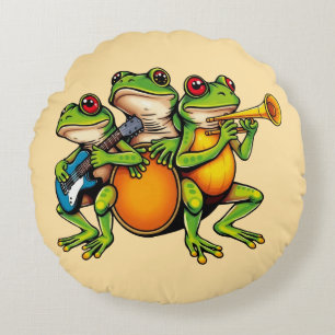 Frog family band playing guitar and drums round pillow