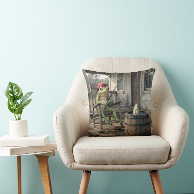Frog Fishing in a Whiskey Barrel Throw Pillow (Chair)