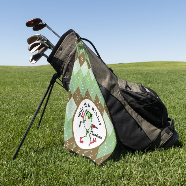 Frog Golfing Grip It and Ribbit Green Brown Argyle Golf Towel (Green)