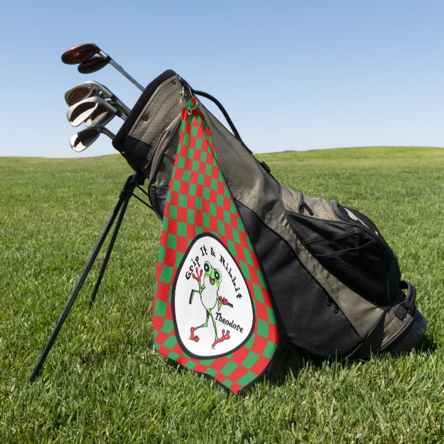 Frog Golfing Grip It and Ribbit Red & Green Checks Golf Towel (Green)